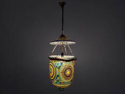 Very Large Glass Brass & Metal Etched Mosaic Bell Jar Pendant Lamp Hundi Lamp With Single Fitting No-12