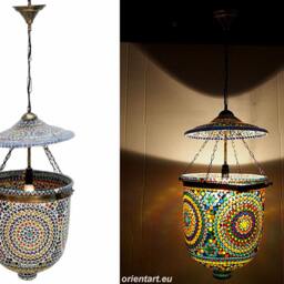 Very Large Glass Brass & Metal Etched Mosaic Bell Jar Pendant Lamp Hundi Lamp With Single Fitting No-12 - thumbnail 2
