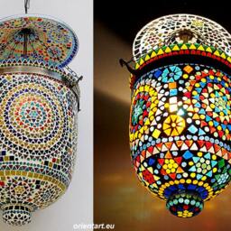 Very Large Glass Brass & Metal Etched Mosaic Bell Jar Pendant Lamp Hundi Lamp With Single Fitting No-12 - thumbnail 3