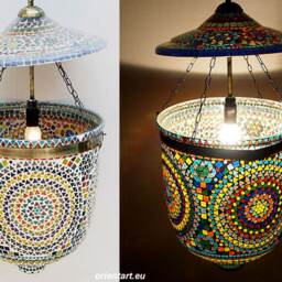Very Large Glass Brass & Metal Etched Mosaic Bell Jar Pendant Lamp Hundi Lamp With Single Fitting No-12 - thumbnail 4