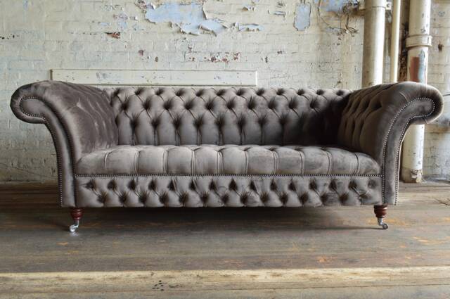 British Handmade Mole Grey Velvet 3 Seater Chesterfield Sofa - image 1