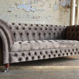 British Handmade Mole Grey Velvet 3 Seater Chesterfield Sofa - thumbnail 3