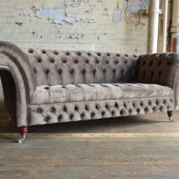 British Handmade Mole Grey Velvet 3 Seater Chesterfield Sofa - thumbnail 2