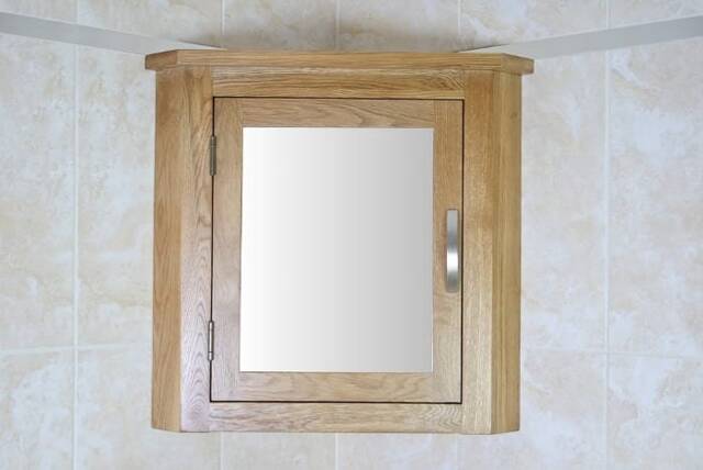 Oak Wall Mounted Mirrored Bathroom Corner Cabinet - Overhead Unit With Shelving 601 - image 1