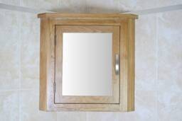 Oak Wall Mounted Mirrored Bathroom Corner Cabinet - Overhead Unit With Shelving 601