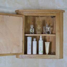 Oak Wall Mounted Mirrored Bathroom Corner Cabinet - Overhead Unit With Shelving 601 - thumbnail 2