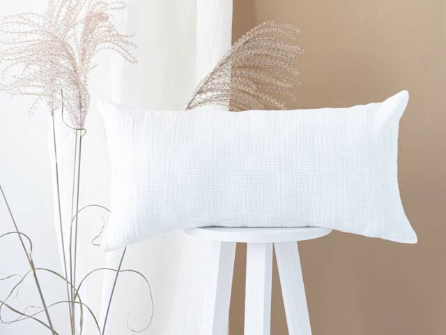 White Rectangular Lumbar Cushion, Linen Decorative Throw Pillow, Minimalist Textured Bedroom Pillowcase - image 1