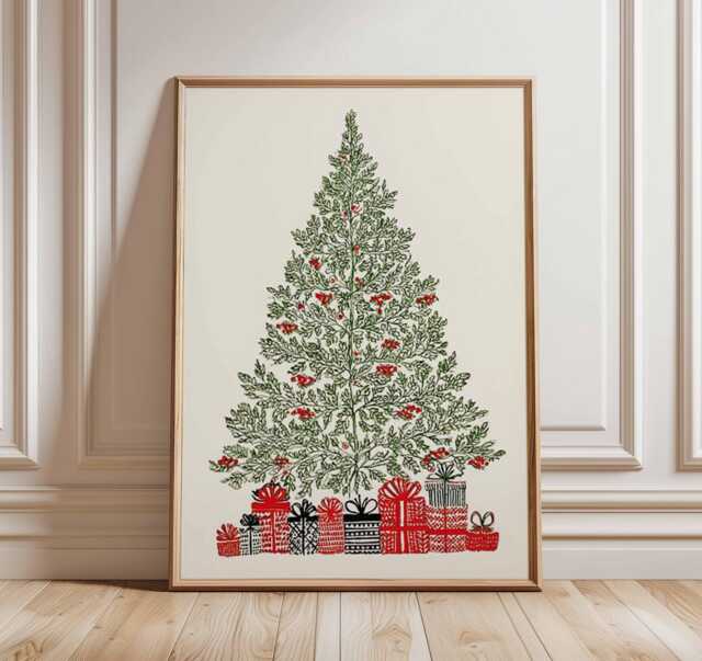 Christmas Tree Poster, Illustration Style Holiday Wall Art, Minimalist Festive Decor, Red & Green Print, Modern Artwork - image 1