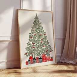 Christmas Tree Poster, Illustration Style Holiday Wall Art, Minimalist Festive Decor, Red & Green Print, Modern Artwork - thumbnail 2