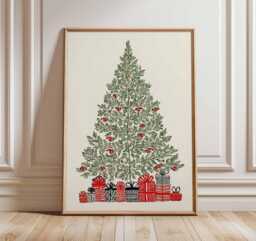 Christmas Tree Poster, Illustration Style Holiday Wall Art, Minimalist Festive Decor, Red & Green Print, Modern Artwork - thumbnail 1