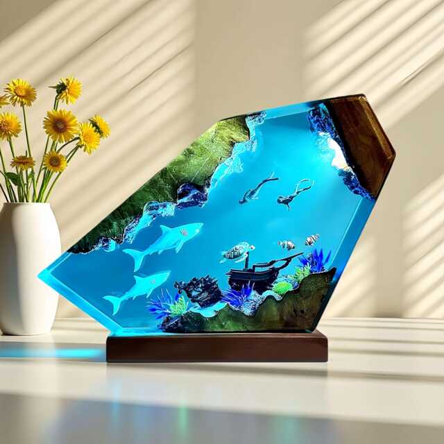 Shark Resin Night Light Ocean Wood Lamp, Bedroom Nightlight, Home Art Decor - image 1
