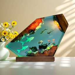Shark Resin Night Light Ocean Wood Lamp, Bedroom Nightlight, Home Art Decor - thumbnail 2