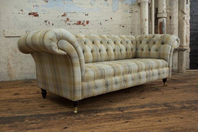 Handmade 3 Seater Beige Mustard Tartan Wool Fabric Chesterfield Sofa - image 1