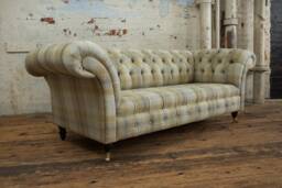Handmade 3 Seater Beige Mustard Tartan Wool Fabric Chesterfield Sofa - thumbnail 1