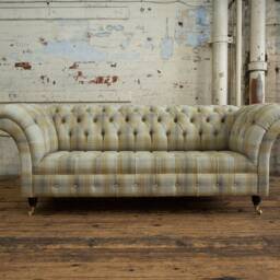 Handmade 3 Seater Beige Mustard Tartan Wool Fabric Chesterfield Sofa - thumbnail 2