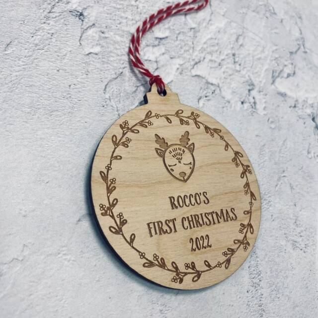 Personalised First Christmas Bauble - Engraved Wooden Ornament - image 1