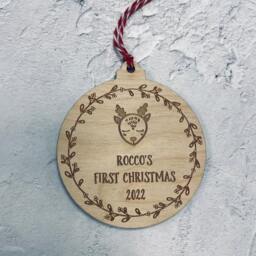 Personalised First Christmas Bauble - Engraved Wooden Ornament - thumbnail 2