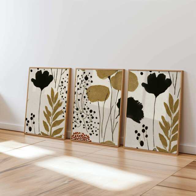 Neutral Abstract Floral Wall Art Set Of 3, Modern Botanical Prints in Beige & Black, Minimal Flower Posters For Contemporary Home Decor - image 1