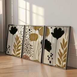 Neutral Abstract Floral Wall Art Set Of 3, Modern Botanical Prints in Beige & Black, Minimal Flower Posters For Contemporary Home Decor - thumbnail 2