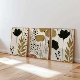Neutral Abstract Floral Wall Art Set Of 3, Modern Botanical Prints in Beige & Black, Minimal Flower Posters For Contemporary Home Decor - thumbnail 1