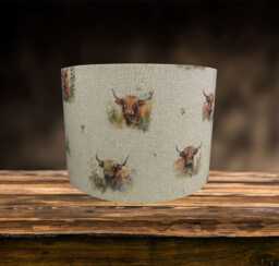 Highland Cow Lampshade For Ceiling & Table Lamps, Beige Linen Farmhouse Drum Light Shade - thumbnail 1
