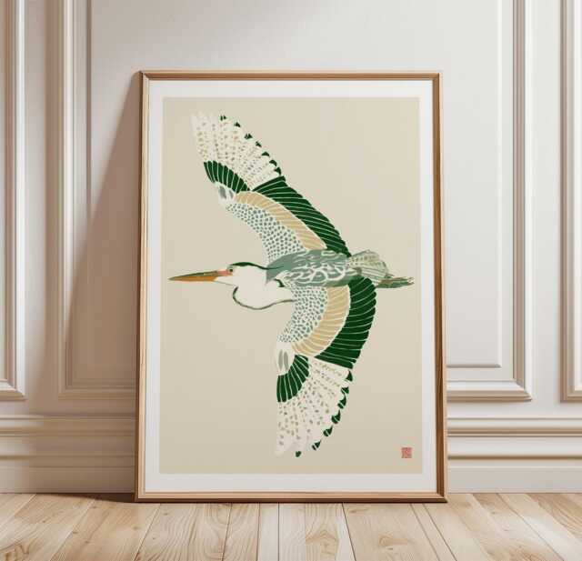 Flying Heron Poster, Japanese Bird Wall Art, Minimal Nature Print - image 1