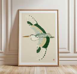 Flying Heron Poster, Japanese Bird Wall Art, Minimal Nature Print