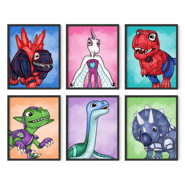 Superhero Dinosaur Wall Art Set Of 6 - Kids Spidey Room Printed Or Framed - image 1