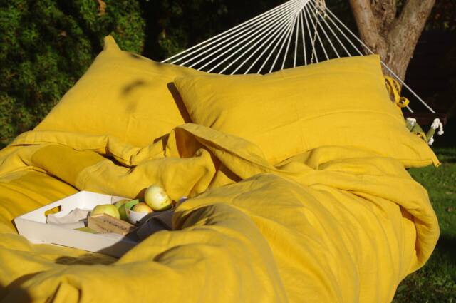 Mustard Linen Bedding Set Handmade Duvet Cover + 2 Pillowcases - image 1