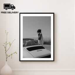 Vintage Classic Sports Car Girl Print, Luxury Woman, Fine Art Photography Wall Art, Museum Quality Black & White Poster - thumbnail 1