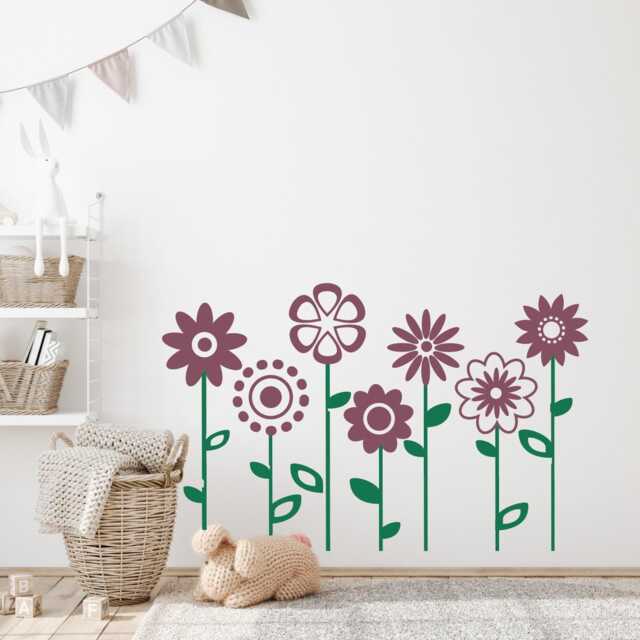 Colorful Flower Themed Vinyl Decal, Beautiful Flowers With Stems & Leaves Wall Art Decor, Removable Kids Room Stickers, Silhouette Design - image 1