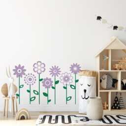Colorful Flower Themed Vinyl Decal, Beautiful Flowers With Stems & Leaves Wall Art Decor, Removable Kids Room Stickers, Silhouette Design - thumbnail 2