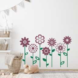 Colorful Flower Themed Vinyl Decal, Beautiful Flowers With Stems & Leaves Wall Art Decor, Removable Kids Room Stickers, Silhouette Design