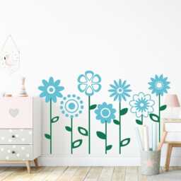 Colorful Flower Themed Vinyl Decal, Beautiful Flowers With Stems & Leaves Wall Art Decor, Removable Kids Room Stickers, Silhouette Design - thumbnail 3