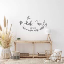 Family Name With Est Date & Laurel Wreath-Vinyl Wall Decal - Entryway Decor - Home Established - thumbnail 1