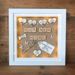 Customised New Home Family Name Box Frame - First Gift House Warming Present Personalised Optional Led Lights - thumbnail 1