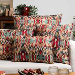 Nomad Tapestry Boudoir Cushion. Geometric Angular Design in Red, Green, Lilac Purple, Teal Blue & Charcoal Grey. 17x12 - thumbnail 3