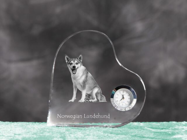 Norwegian Lundehund - Crystal Clock in The Shape Of A Heart With Image Pure-Bred Dog - image 1