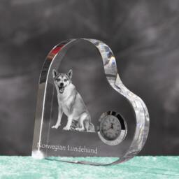 Norwegian Lundehund - Crystal Clock in The Shape Of A Heart With Image Pure-Bred Dog - thumbnail 2