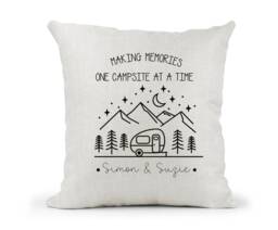Personalised Caravan Motorhome Campervan Cream Canvas Cushion, Making Memories One Campsite At A Time - thumbnail 1
