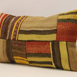Vintage Turkish Kilim Lumbar Pillow Cover, Boho Patchwork Wool Cushion - 12x20 In - thumbnail 3