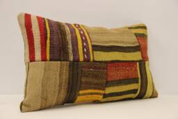 Vintage Turkish Kilim Lumbar Pillow Cover, Boho Patchwork Wool Cushion - 12x20 In