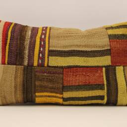 Vintage Turkish Kilim Lumbar Pillow Cover, Boho Patchwork Wool Cushion - 12x20 In - thumbnail 2