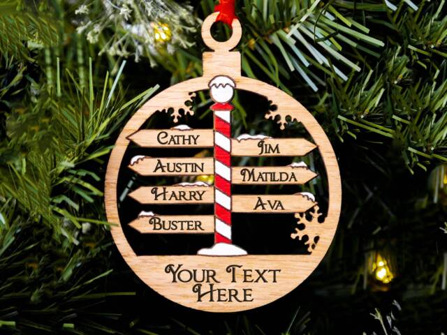 Family Of 7 North Pole Sign Christmas Tree Decoration, Up To Names, Personalised Bauble, Mum Dad Son Daughter Kids, Oak Wood Large - image 1