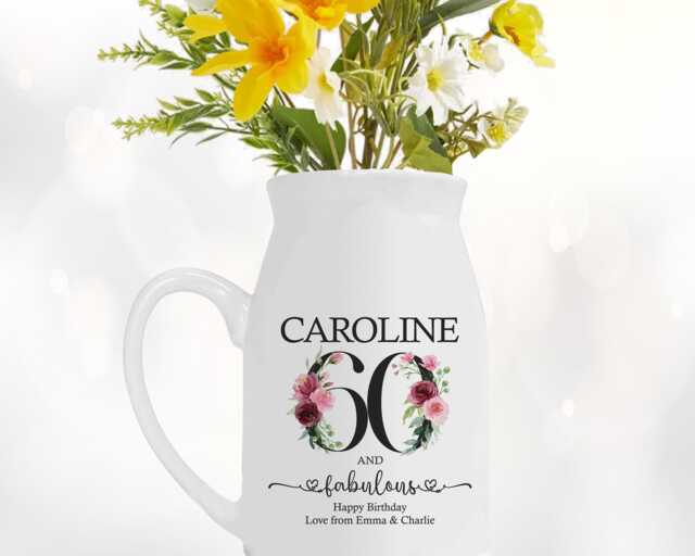 60Th Birthday Gift For Women - 60 & Fabulous Small Personalised Flower Pot Vase 1966 Her Ladies Floral Design Mum Nan Bnk60 - image 1