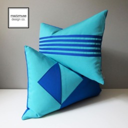 Designer Outdoor Pillow Cover in Cobalt Blue & Turquoise Sunbrella?? Fabric, Fade Resistant Garden Decor For Patio, Striped Cushions - thumbnail 4