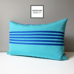 Designer Outdoor Pillow Cover in Cobalt Blue & Turquoise Sunbrella?? Fabric, Fade Resistant Garden Decor For Patio, Striped Cushions - thumbnail 1