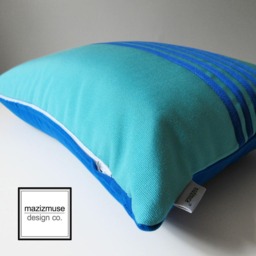 Designer Outdoor Pillow Cover in Cobalt Blue & Turquoise Sunbrella?? Fabric, Fade Resistant Garden Decor For Patio, Striped Cushions - thumbnail 2