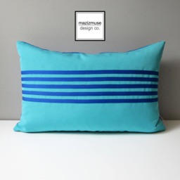 Designer Outdoor Pillow Cover in Cobalt Blue & Turquoise Sunbrella?? Fabric, Fade Resistant Garden Decor For Patio, Striped Cushions - thumbnail 3