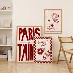 Burgundy Kitchen Prints Set, Paris Retro Art, Bar Cart Decor - thumbnail 1